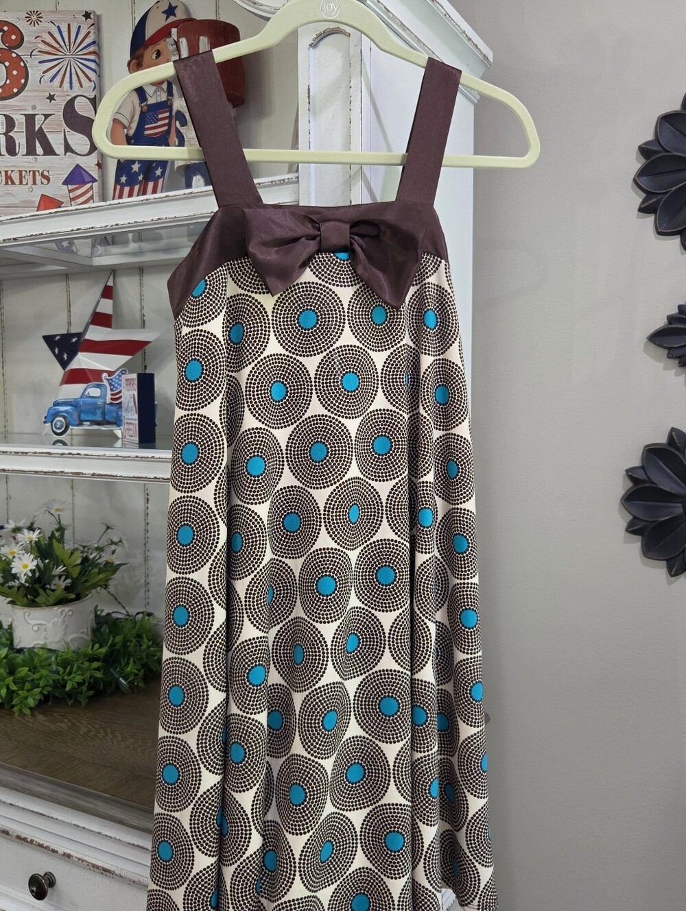Sleeveless Brown & Turquoise Dot Pattern A-Line Dress